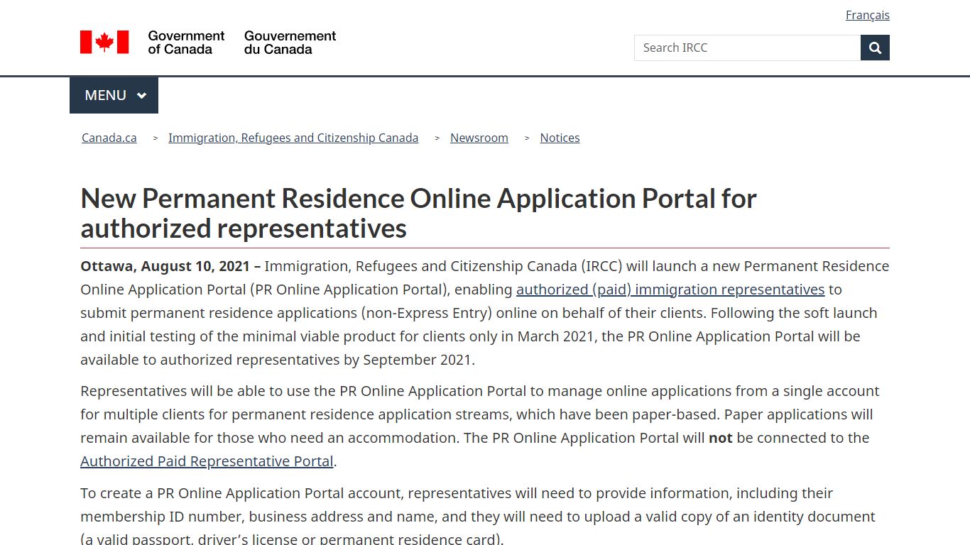 New Permanent Residence Online Application Portal for authorized ...